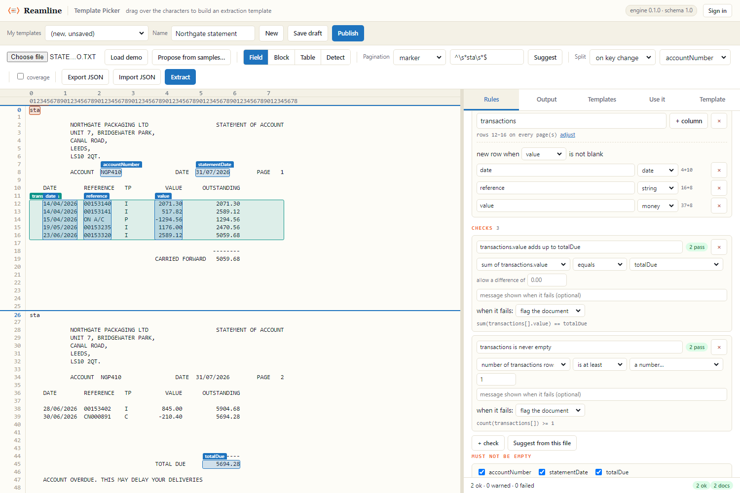 The rules panel showing a check reading sum of transactions.value equals totalDue, labelled 2 pass.